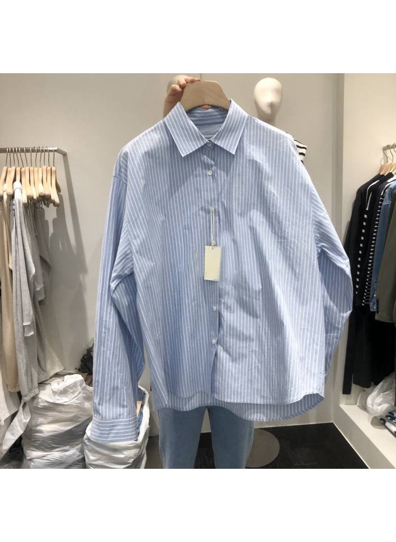 Korean Dongdaemun 2024 Striped Collar Shirt Light blue