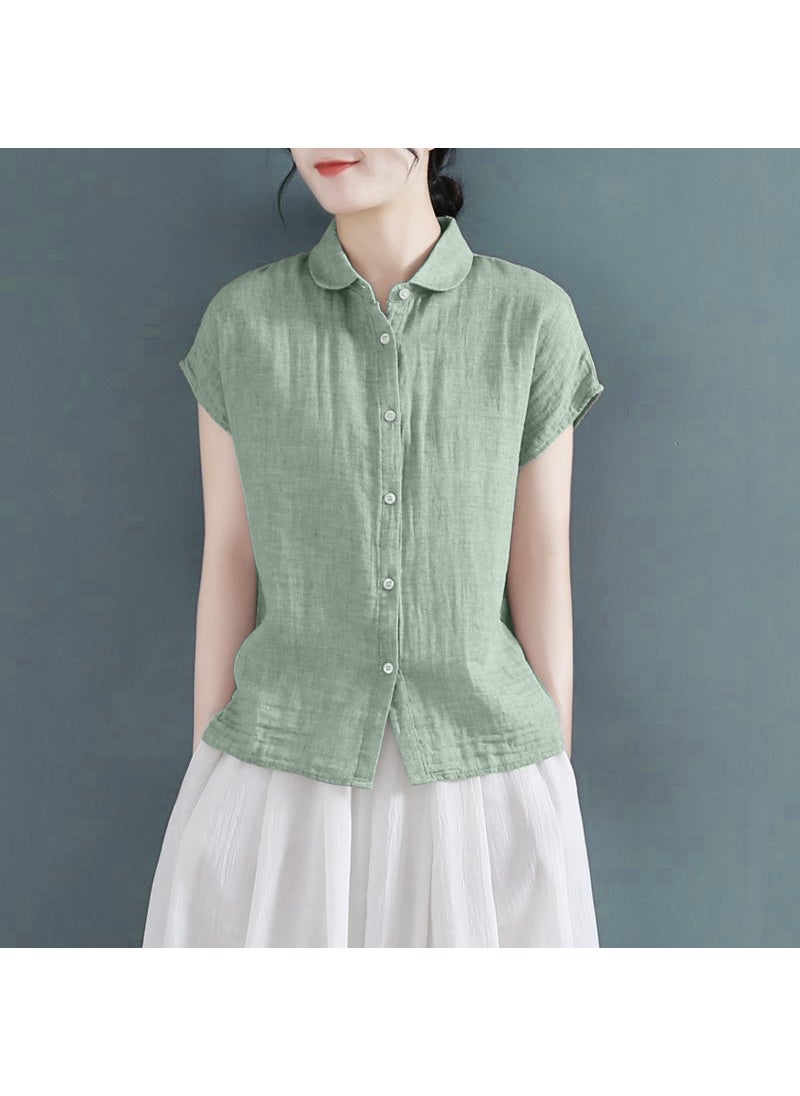 Summer polo collar design cotton linen short sleeve shirt Womens loose small fly sleeve cotton linen shirt large size linen top Light Blue