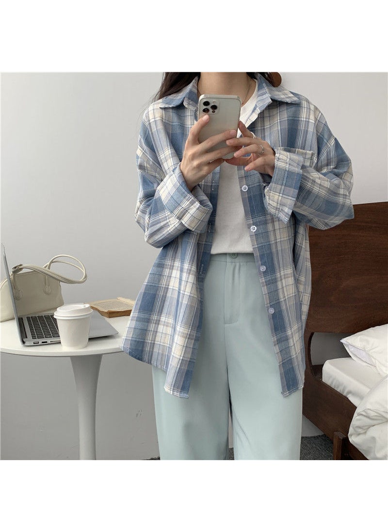 Vintage Plaid Shirt Womens New Summer Loose Top Design Niche Spring and Autumn Shirt Outer Shirt BLUE CHECK