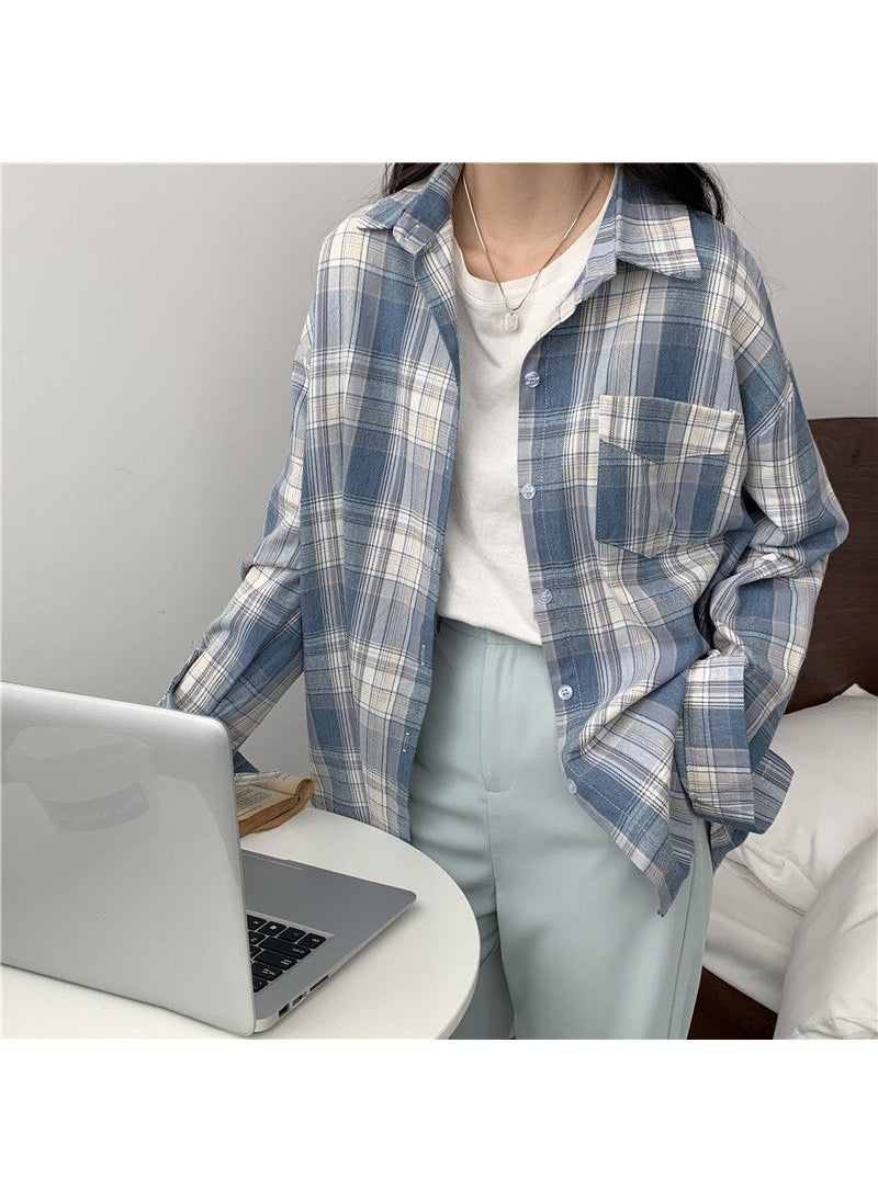 Vintage Plaid Shirt Womens New Summer Loose Top Design Niche Spring and Autumn Shirt Outer Shirt BLUE CHECK