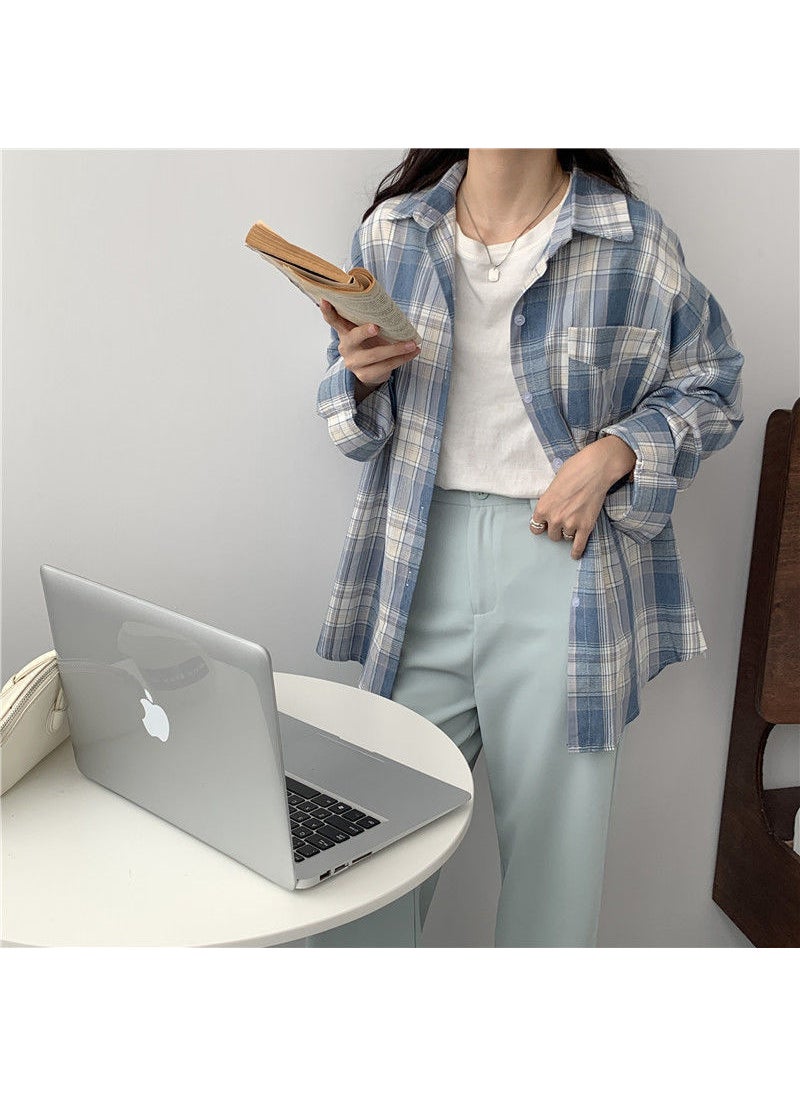 Vintage Plaid Shirt Womens New Summer Loose Top Design Niche Spring and Autumn Shirt Outer Shirt BLUE CHECK