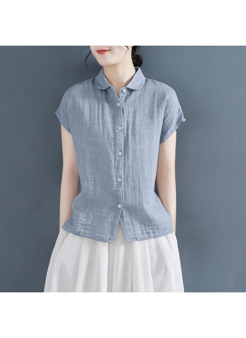 Summer polo collar design cotton linen short sleeve shirt Womens loose small fly sleeve cotton linen shirt large size linen top Pink