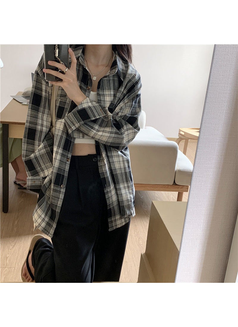 Vintage Plaid Shirt Womens New Summer Loose Top Design Niche Spring and Autumn Shirt Outer Shirt Black Plaid