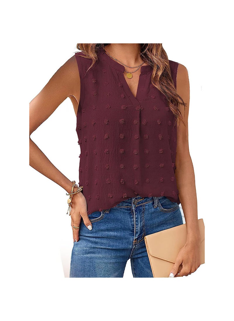 2024 Summer Jacquard Sleeveless V-Neck Tank Top Burgundy