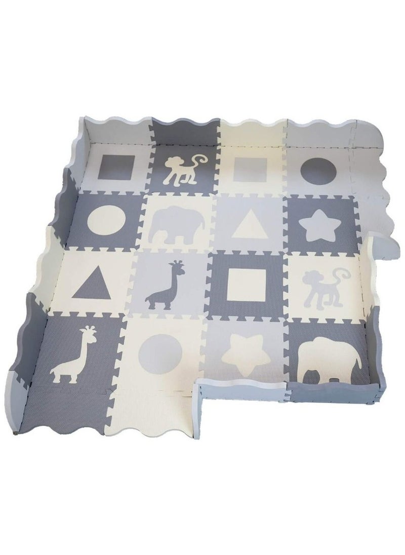 Bumble & Bird - Animals & Shapes BabySafe Play Mat 9pcs+12 Edges - White/Grey