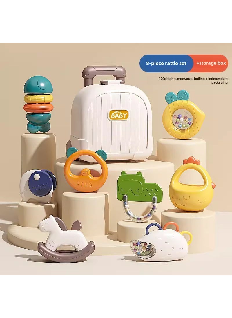 Baby hand bell toy 0-1 year old puzzle early education can bite tooth glue grasp newborn baby hand bell 8-piece set (comes with storage trolley case) [120 ℃ high temperature water boiling + independent packaging]