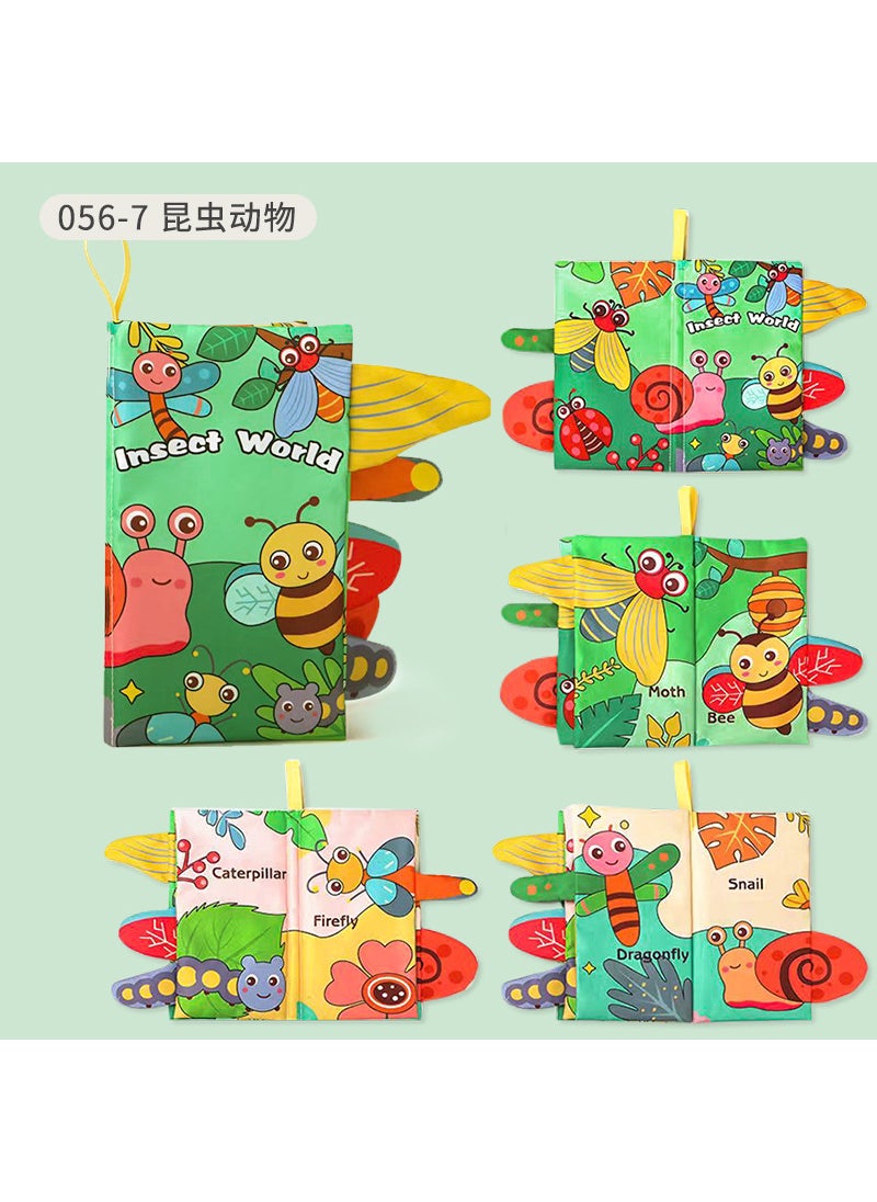 Infant Teething Tail Cloth Book for Ages 0-3 Insects 4 pages 8 sides with ringing paper tail cloth book BB called hanging rope 45g