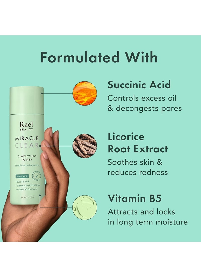 Clear Clarifying Toner for Face Acne Prone Sensitive and Oily Skin Pore Refining Korean Skincare Succinic Acid Vitamin B5 Vegan Cruelty Free 150ml