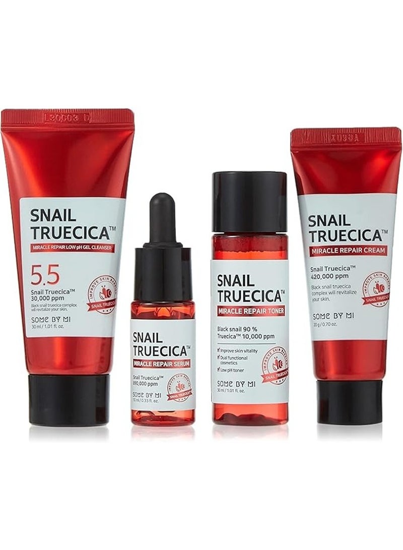 Snail Truecica Miracle Repair Starter Kit - Includes Toner 1.01Oz + Serum 0.33Oz + Gel Cleanser 1.01Oz + Cream 0.67Oz - For Daily Repair Travel Skin Care - Set Of 4 Gift Set 100ml