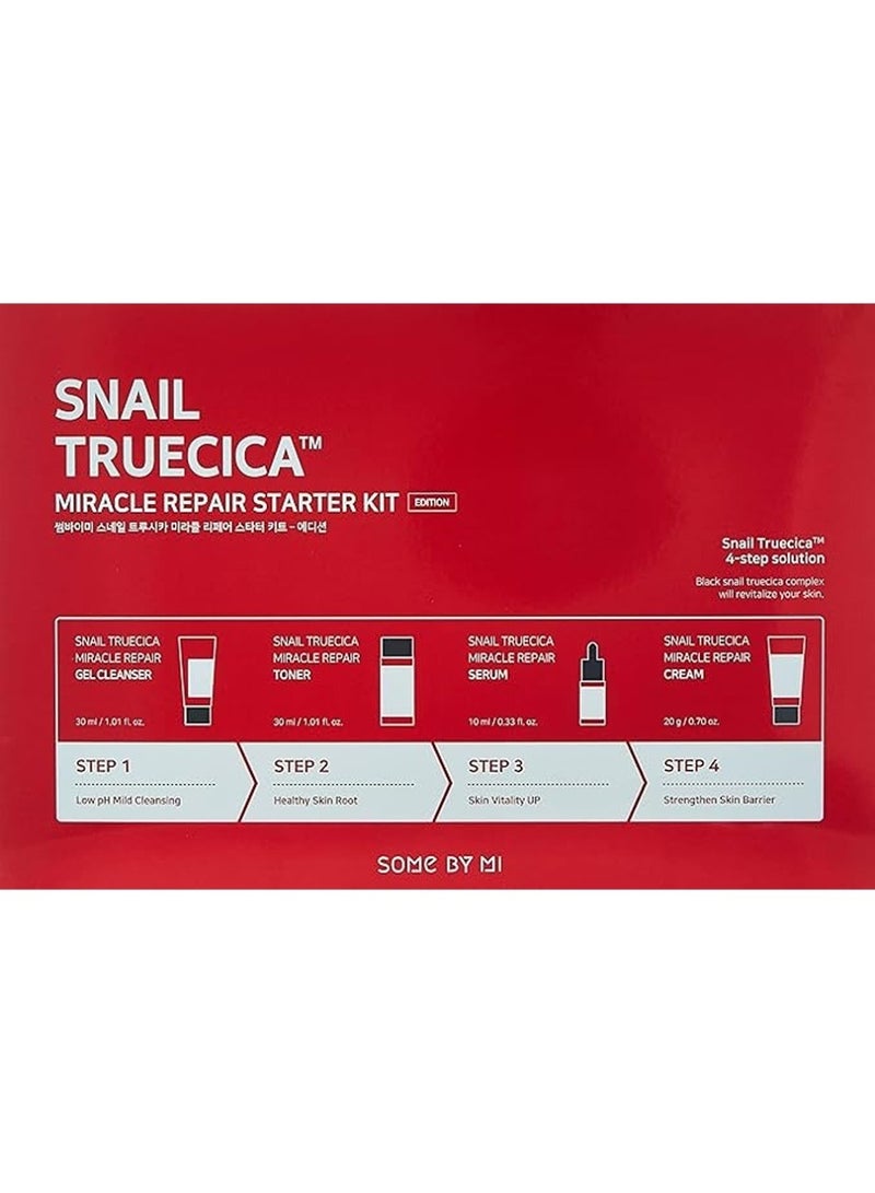 Snail Truecica Miracle Repair Starter Kit - Includes Toner 1.01Oz + Serum 0.33Oz + Gel Cleanser 1.01Oz + Cream 0.67Oz - For Daily Repair Travel Skin Care - Set Of 4 Gift Set 100ml