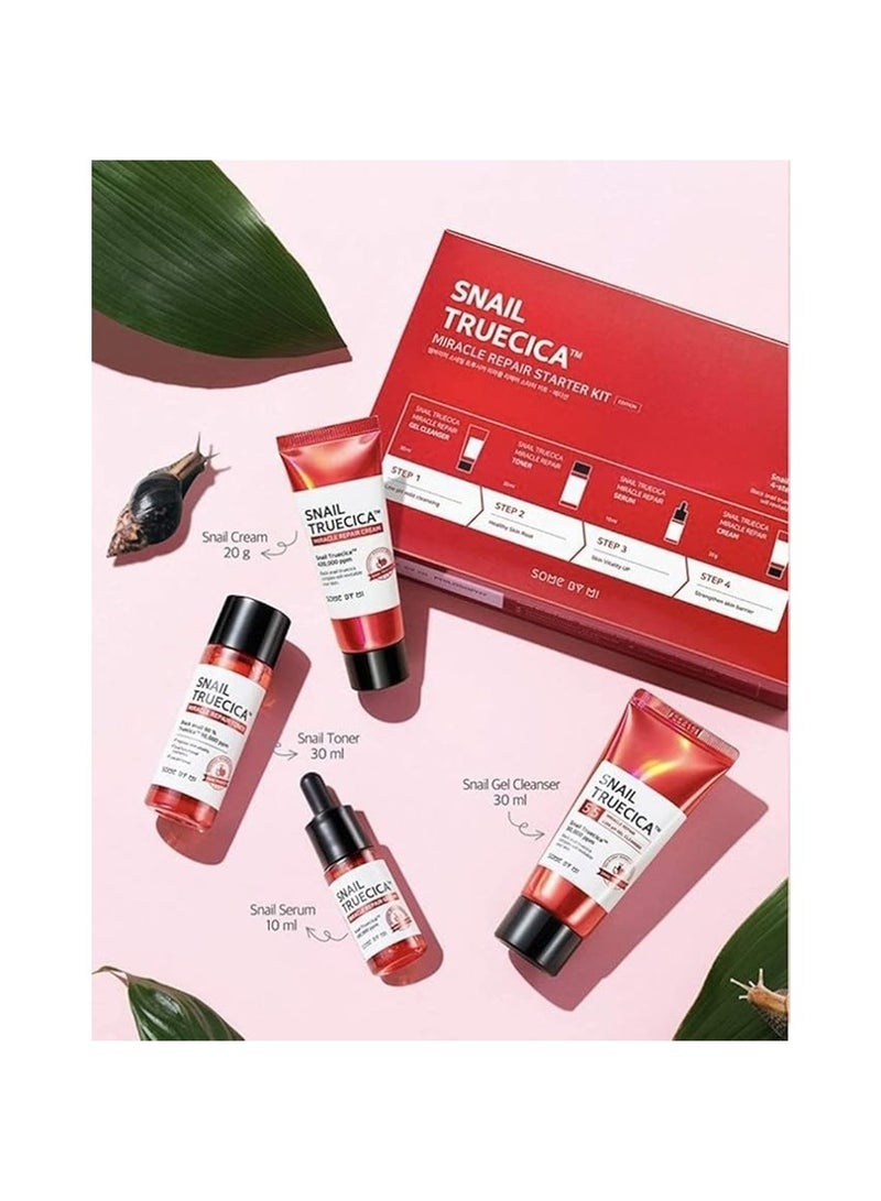 Snail Truecica Miracle Repair Starter Kit - Includes Toner 1.01Oz + Serum 0.33Oz + Gel Cleanser 1.01Oz + Cream 0.67Oz - For Daily Repair Travel Skin Care - Set Of 4 Gift Set 100ml