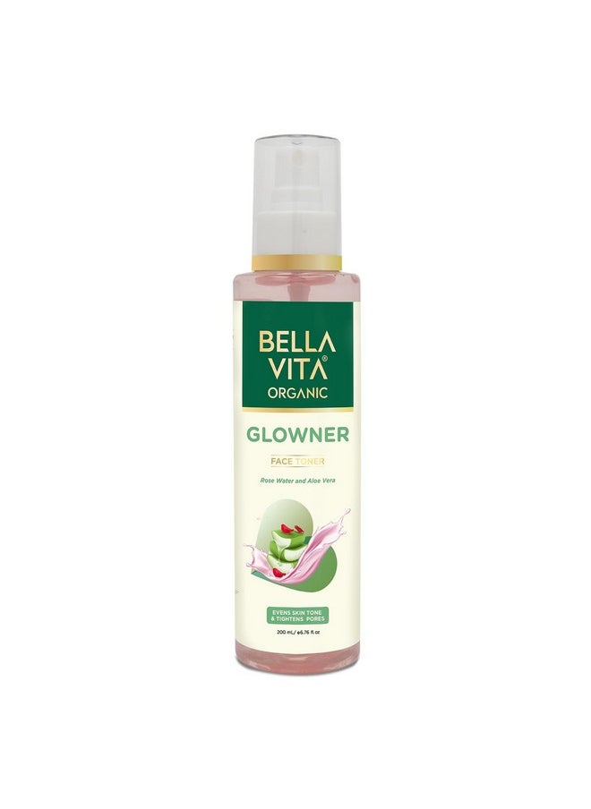 Bella Vita Organic Glowner Face Toner Face Mist, Alcohol free, Rose Water 200ml Pore Minimizing Tightening Natural Toner Spray for Glowing Skin - All Skin Types