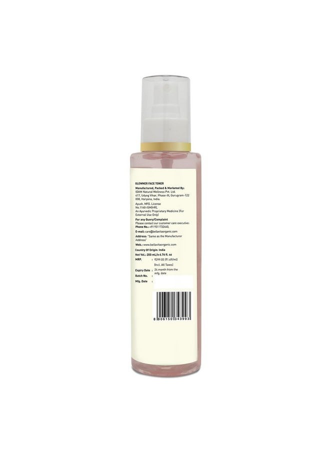 Bella Vita Organic Glowner Face Toner Face Mist, Alcohol free, Rose Water 200ml Pore Minimizing Tightening Natural Toner Spray for Glowing Skin - All Skin Types