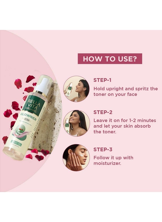 Bella Vita Organic Glowner Face Toner Face Mist, Alcohol free, Rose Water 200ml Pore Minimizing Tightening Natural Toner Spray for Glowing Skin - All Skin Types