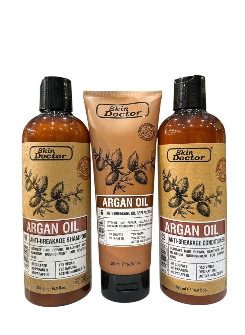 Argan Oil Care Set ( Shampoo - Conditioner - Hair Oil Replacement ) Strengthen, Hydrate, and Revitalize Hair and Skin (Pack of 3)