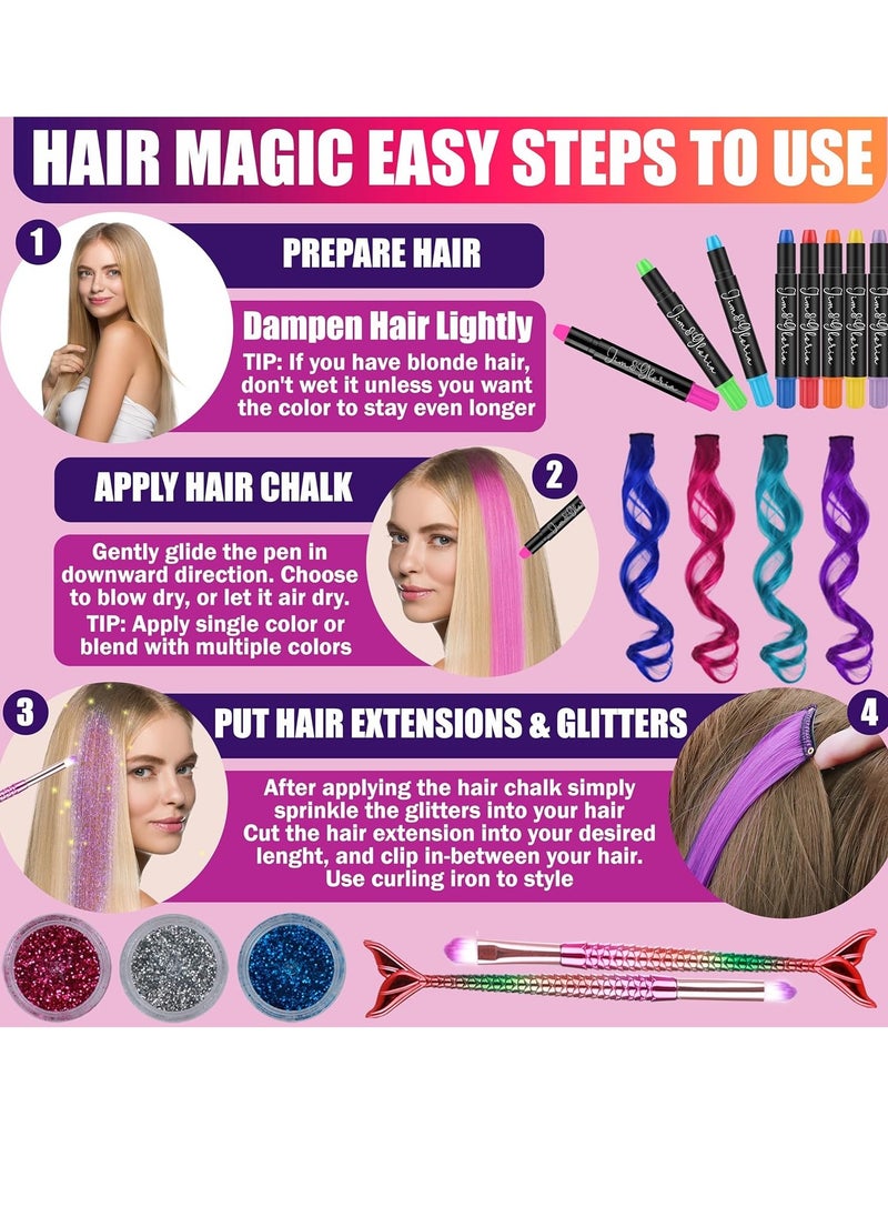 Jim&Gloria Dustless Hair Chalk for Girls With Clip-on Colored Hair, Brushes and Glitters, Temporary Color Dye For Kids, Gifts for Teen Girl Trendy Stuff, Teenage Age 7 8 9 10 11 12 13 14 Year Old Gift