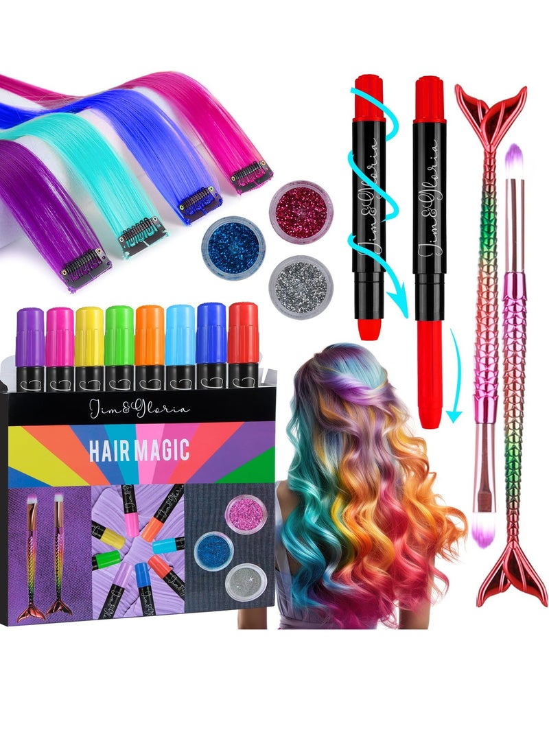 Jim&Gloria Dustless Hair Chalk for Girls With Clip-on Colored Hair, Brushes and Glitters, Temporary Color Dye For Kids, Gifts for Teen Girl Trendy Stuff, Teenage Age 7 8 9 10 11 12 13 14 Year Old Gift