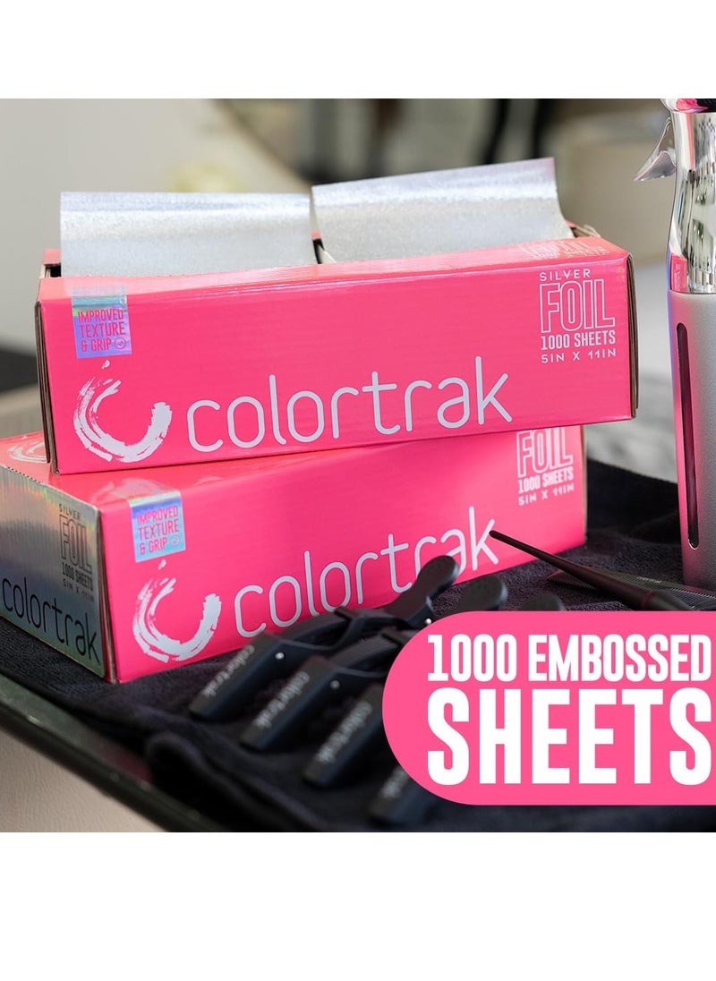 Colortrak Embossed Sheets Silver Aluminum Foil Pop-up Dispenser, 1000 Pre-cut Sheets Non-slip Textured Silver 5 x 11 Sheets for Hair Foil Coloring and Highlighting Sheet Applications