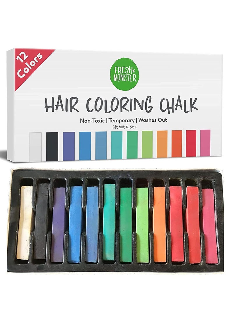 Fresh Monster Temporary Hair Coloring Chalk 12 Bright Colors Washes Out Easily Girls and Boys Non-Toxic and Safe for All Ages, Hair Colors and Textures Great Gift Idea