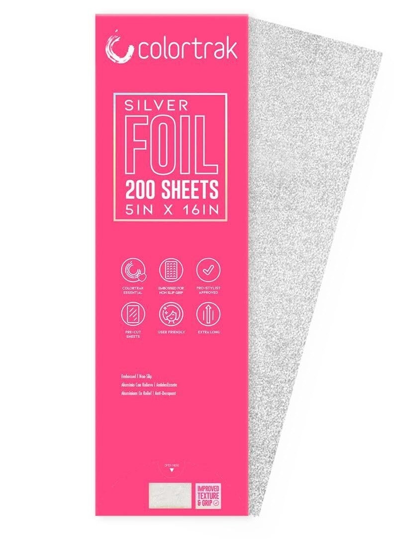 Colortrak Embossed Hair Coloring Foil Sheets, Professional, Convenient 5 x 16 inch Extra Long Pre-cut Sheets, Easy to Grab During Processing, Silver, No Separating Tissues Need, 200 Sheets Per Box