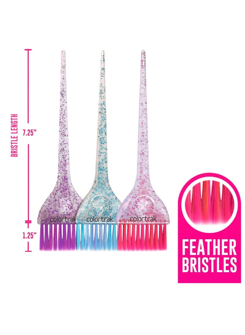 Colortrak 3 Pack Hair Color Brush Set with Glitter Handles for Highlighting, Tint and Coloring Hair Sections - Soft Feathered Bristles Hair Color Application 3.5 x 11 inch