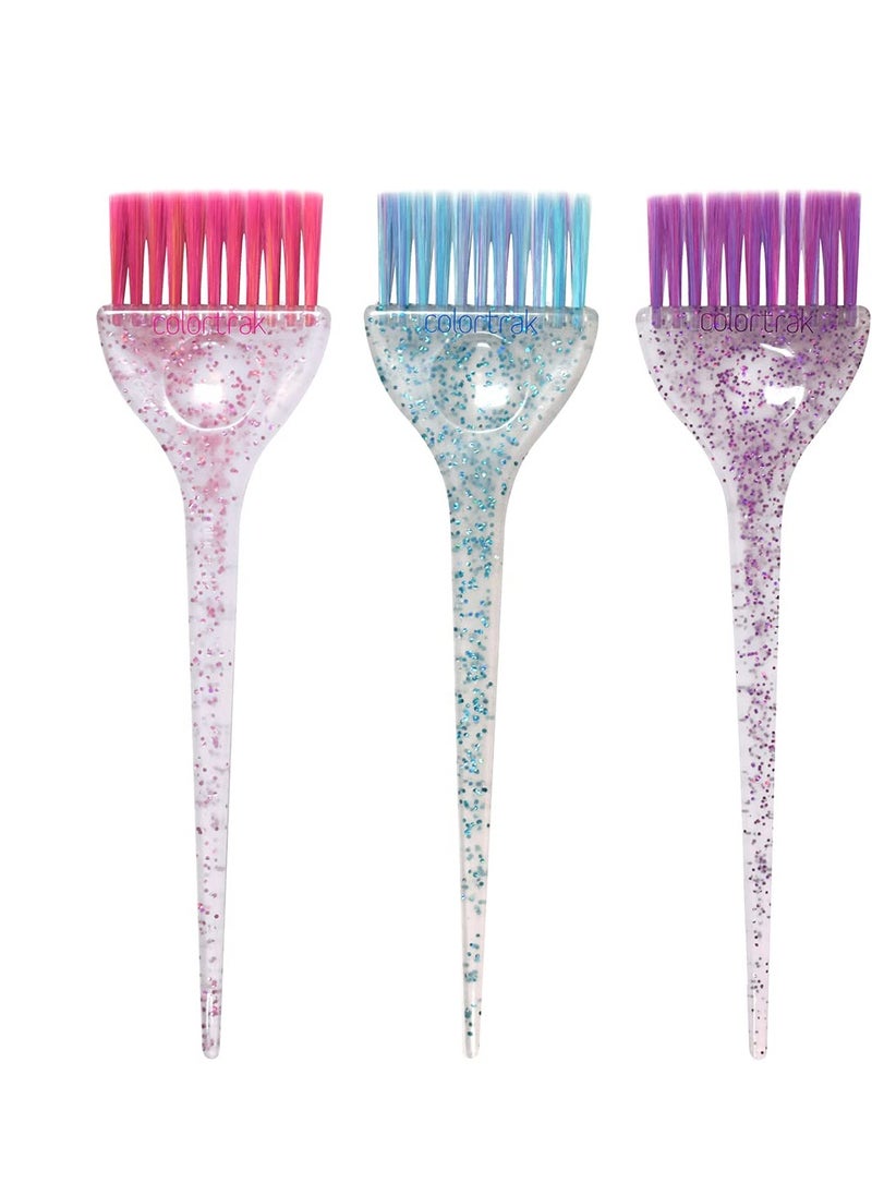 Colortrak 3 Pack Hair Color Brush Set with Glitter Handles for Highlighting, Tint and Coloring Hair Sections - Soft Feathered Bristles Hair Color Application 3.5 x 11 inch