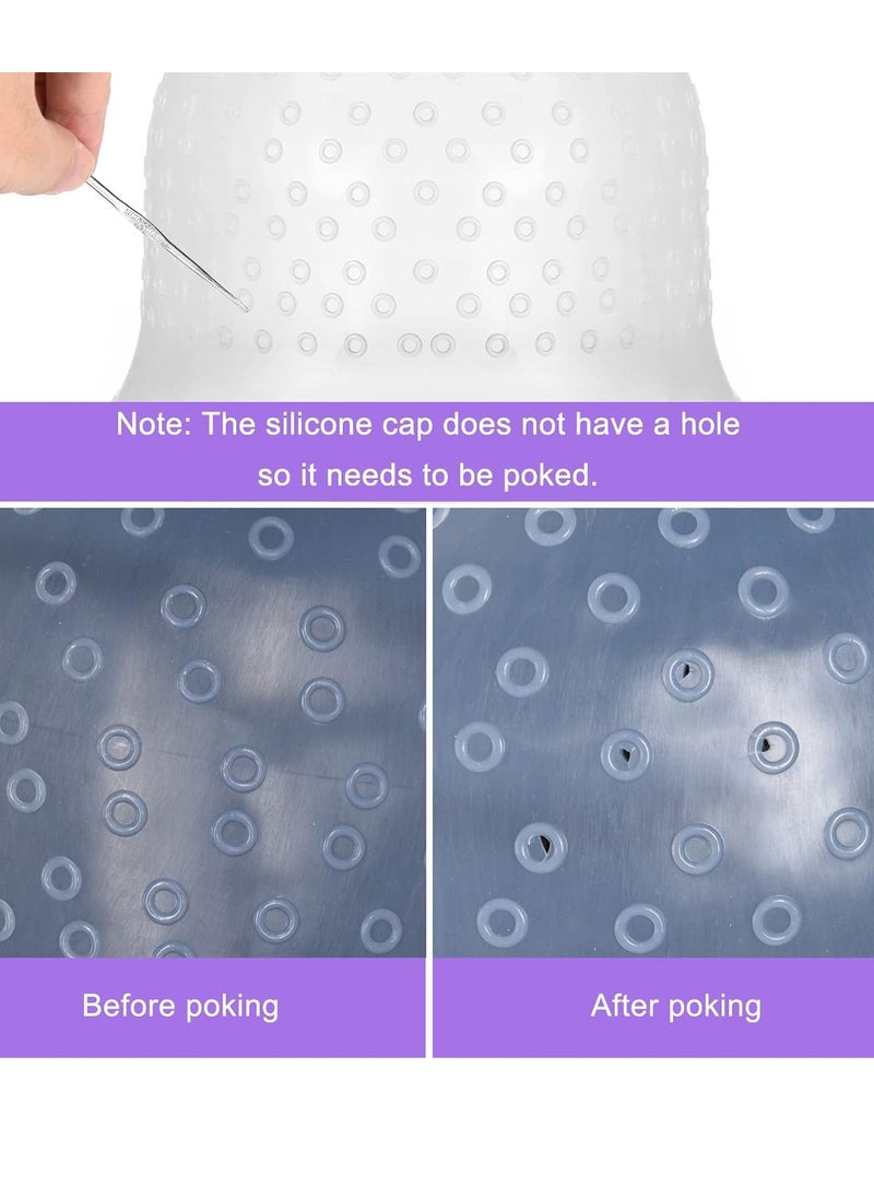 BOWINR 5 Pieces Hair Coloring Highlighting Cap, Silicone Highlight Cap Pull Through Caps Hair Coloring Frosting Cap with Hook, Hair Highlighting Kit Gloves and Brush for Salon Tools Women Men