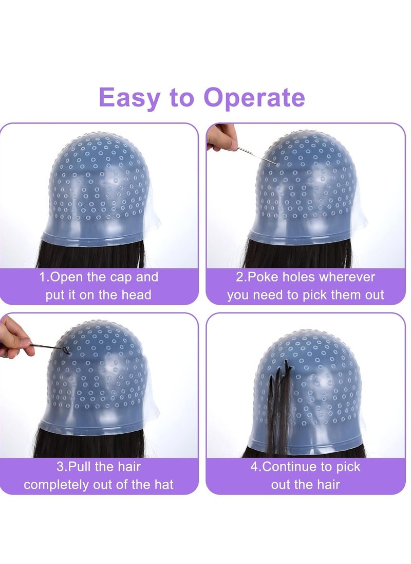 BOWINR 5 Pieces Hair Coloring Highlighting Cap, Silicone Highlight Cap Pull Through Caps Hair Coloring Frosting Cap with Hook, Hair Highlighting Kit Gloves and Brush for Salon Tools Women Men