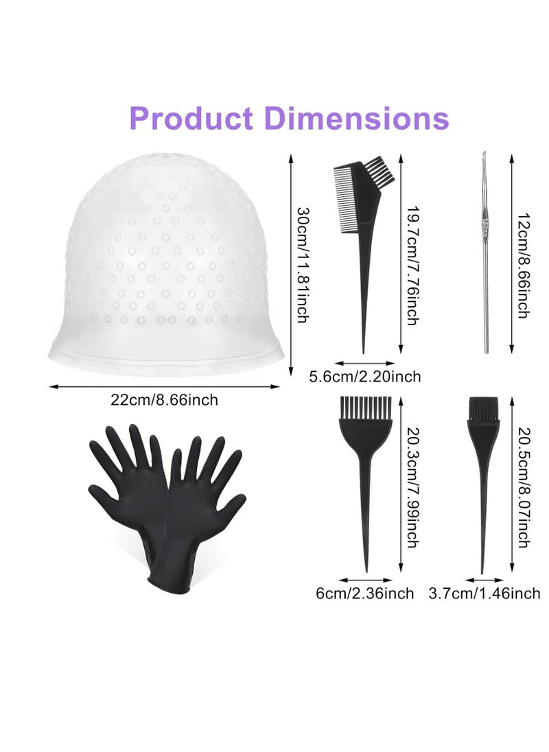 BOWINR 5 Pieces Hair Coloring Highlighting Cap, Silicone Highlight Cap Pull Through Caps Hair Coloring Frosting Cap with Hook, Hair Highlighting Kit Gloves and Brush for Salon Tools Women Men