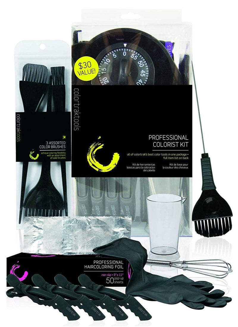 Colortrak Professional Hair Colorist Kit, 4-Pack Croc Clips, Color Beaker, Whisk, Duo Brush, 3-Pack of Brushes, Black Reusable Medium Gloves, Color Bowl, 50-Count Popup Hair Coloring Foil, Storage Box