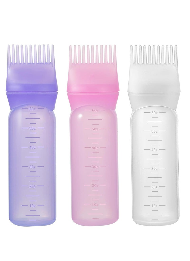 Pimoys Root Comb Applicator Bottle 6 Ounce Oil Applicator for Hair Dye, 3 Pack Hair Oiling Bottle Brush with Graduated Scale (Pink, Purple, White)