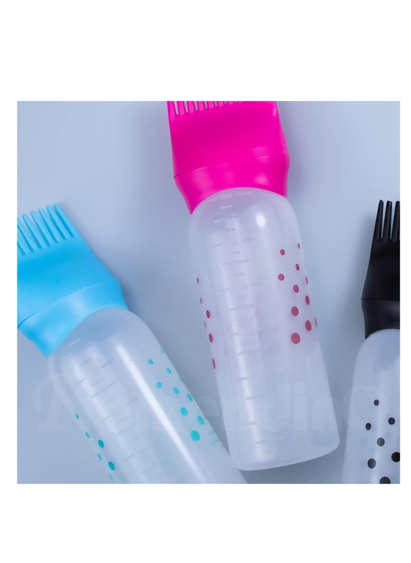 Framendino, 3 Pack Root Comb Applicator Bottle with Graduated Scale Colorful Plastic Squeeze Bottle Applicator Brush for Hair Dye Home Salon 6 oz