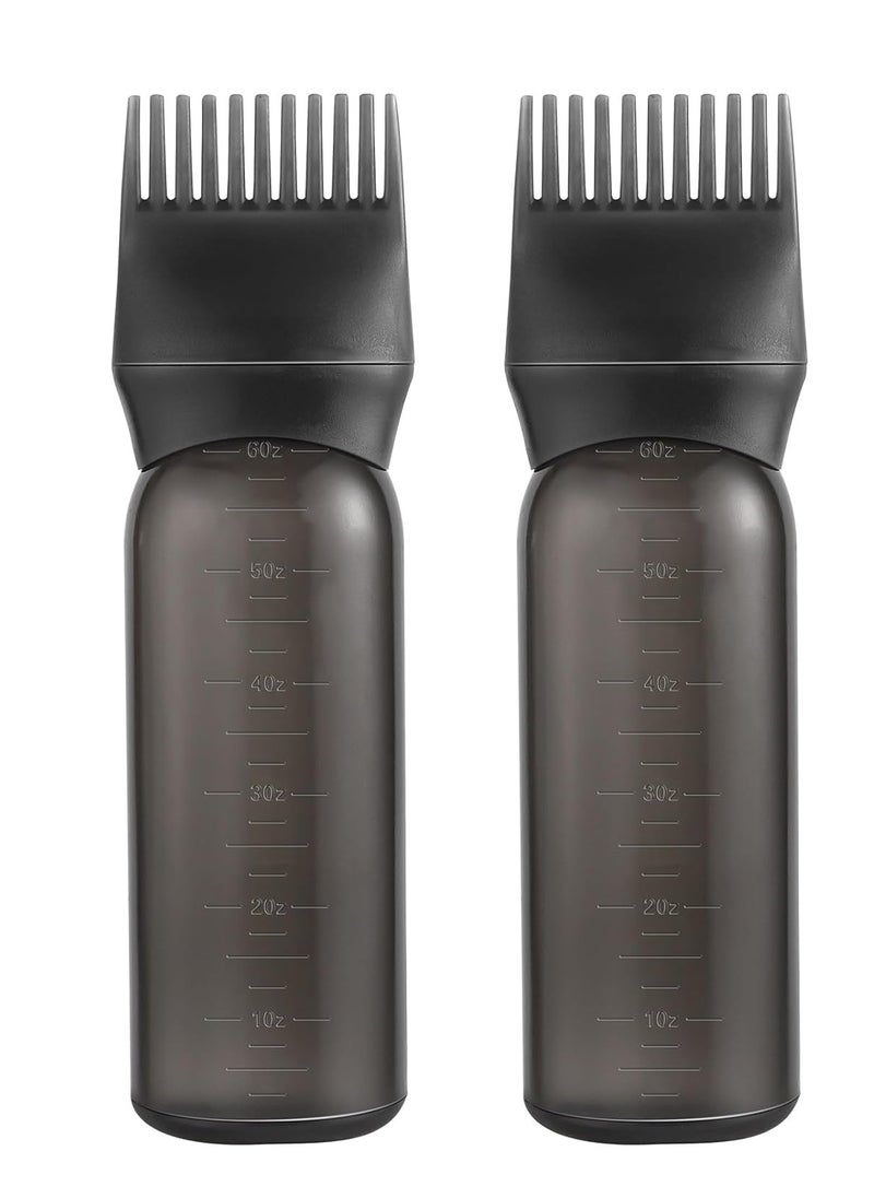 Pimoys 2 Pack Root Comb Applicator Bottle 6 Ounce Oil Applicator for Hair Dye, Black Hair Oiling Bottle Applicator Brush with Graduated Scale