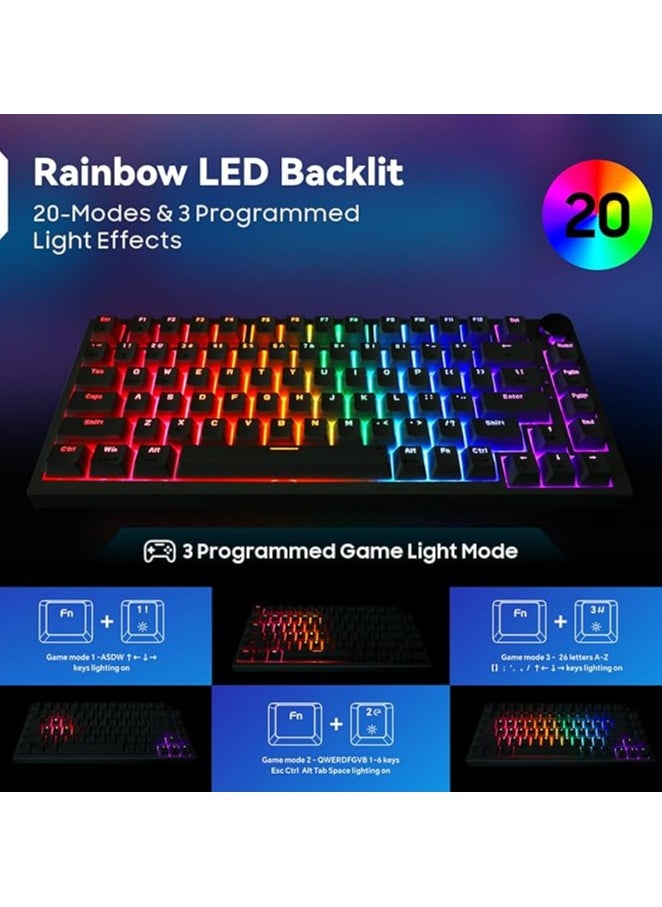 Baytion Mechanical Gaming Keyboard, 82 Keys 75% Compact Gaming Keyboard with Rainbow LED Backlit Wired Anti-Ghosting Mechanical Keyboard with Knob for Windows and Mac, White(Red Switches）