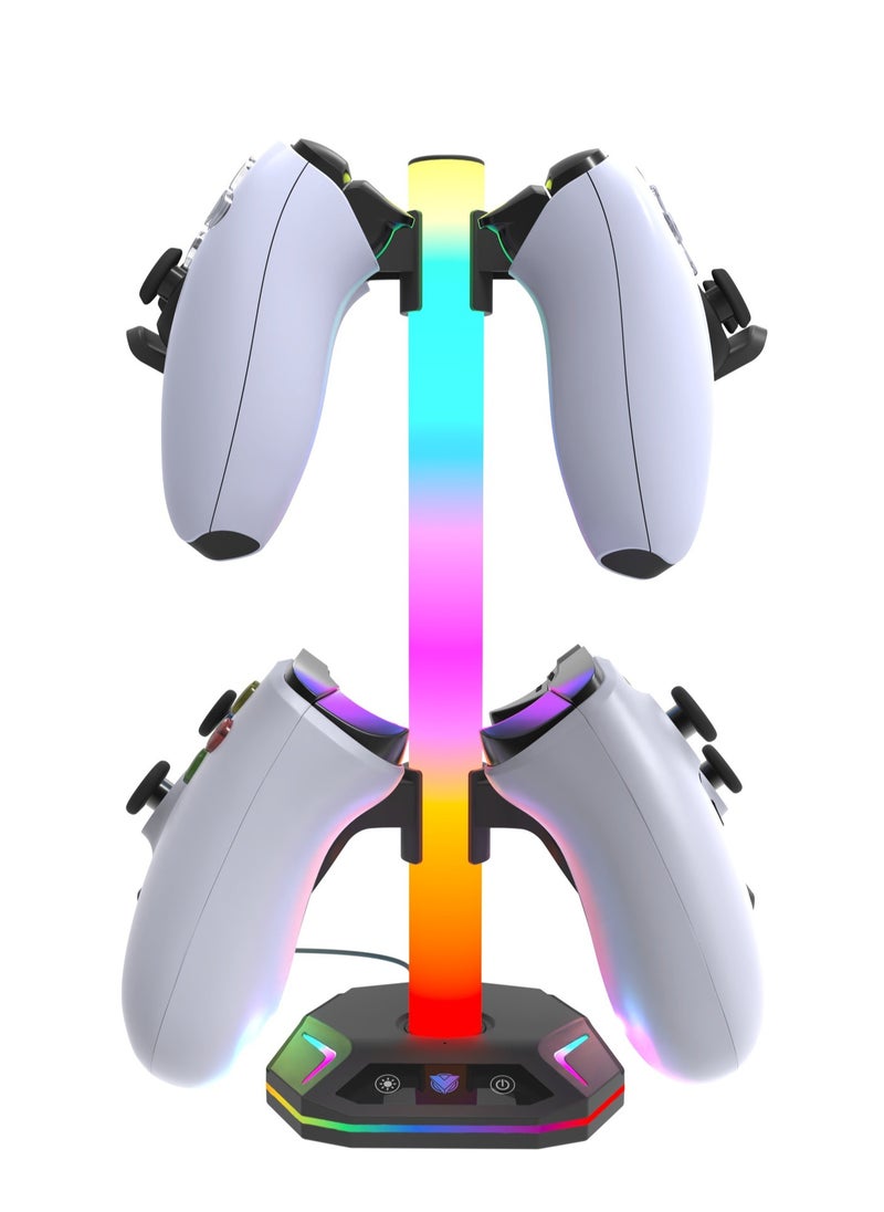 RGB Headphone Stand，Gaming Controller Holder，Desk Gaming Headset Holder with 10 Light Mode 2 USB Charging and 1 Type-C，Memory Feature for Gamers PC Earphone Accessories Desk