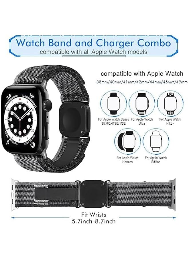 KASTWAVE Sport Loop Nylon Band with Portable Wireless Charger 2-in-1 Compatible with Apple Watch 38mm - 49mm Women Men, Innovative Elastic Braided Strap for iWatch Series 8 7 6 5 4 3 2 1 SE Ultra