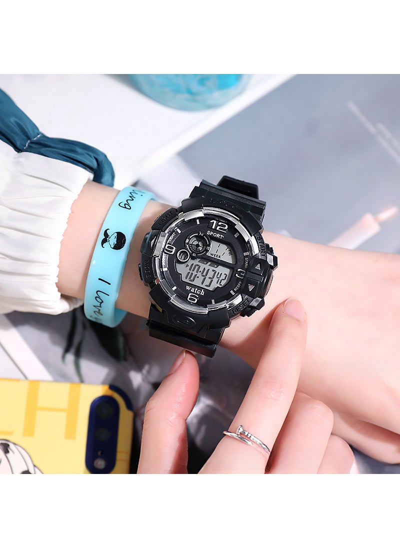 Factory wholesale small fresh sweet electronic watch female high school students couple sports waterproof alarm clock luminous watch Black