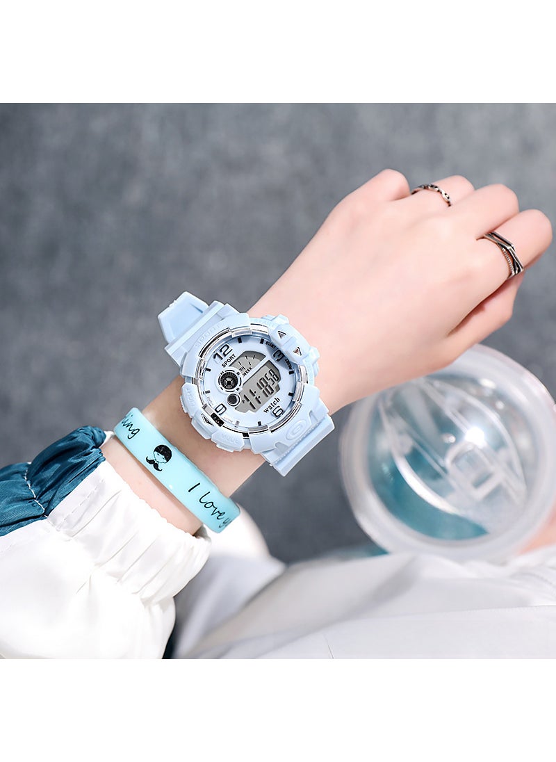 Factory wholesale small fresh sweet electronic watch female high school students couple sports waterproof alarm clock luminous watch light blue