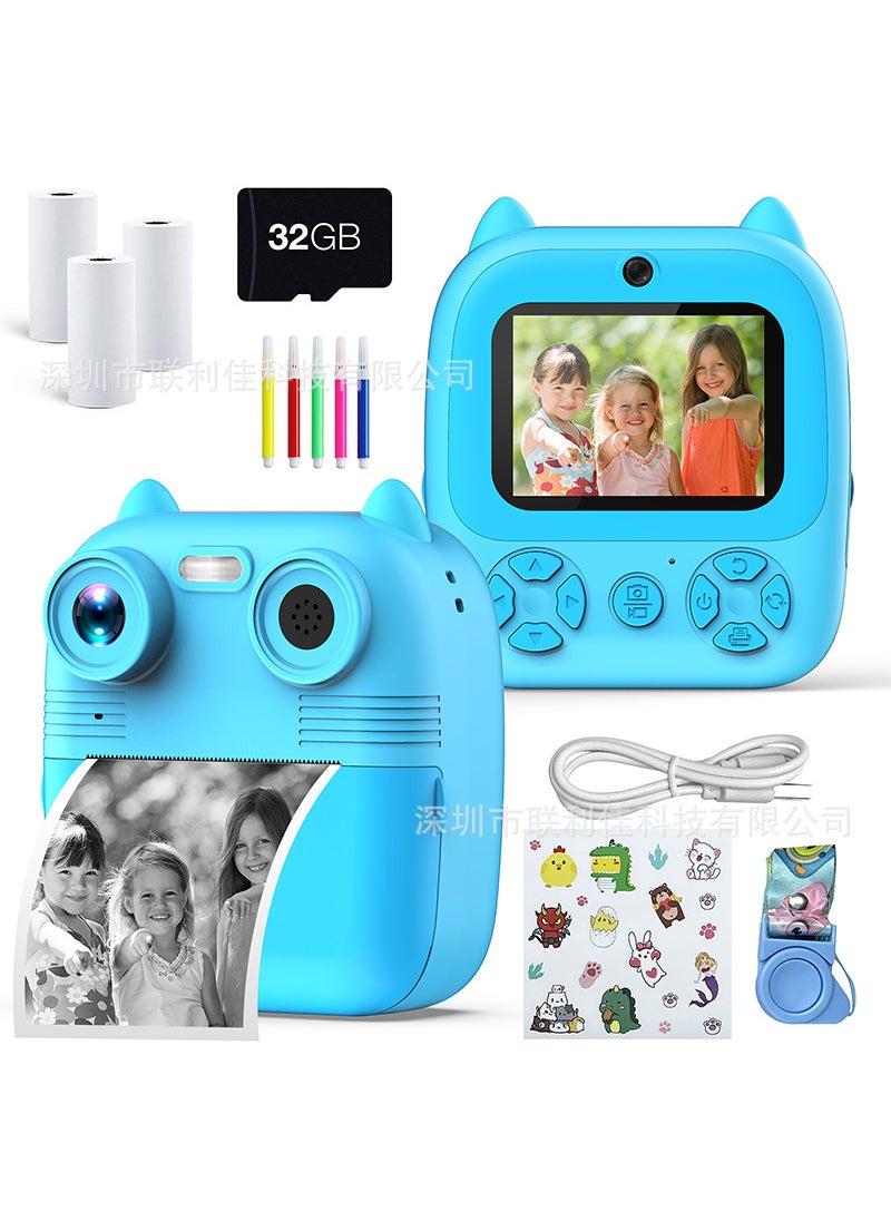 New product private model Polaroid childrens camera HD shooting instant toy game distribution support cross-border D8 blue +32g (2.8-inch screen)