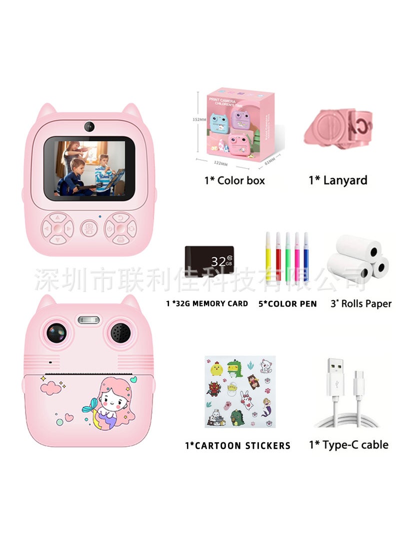 New product private model Polaroid childrens camera HD shooting instant toy game distribution support cross-border D8S pink +32G(2.4-inch screen)