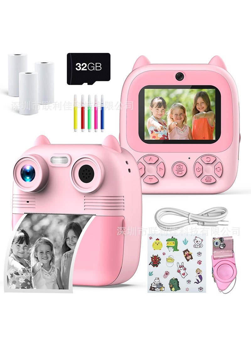 New product private model Polaroid childrens camera HD shooting instant toy game distribution support cross-border D8 pink +32g (2.8-inch screen)