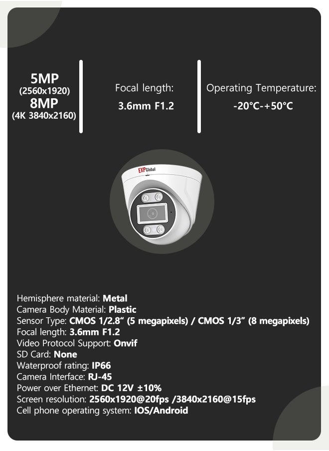 5MP IP Dome CCTV Camera / IR illumination, PoE power supply / built-in microphone Po power supply