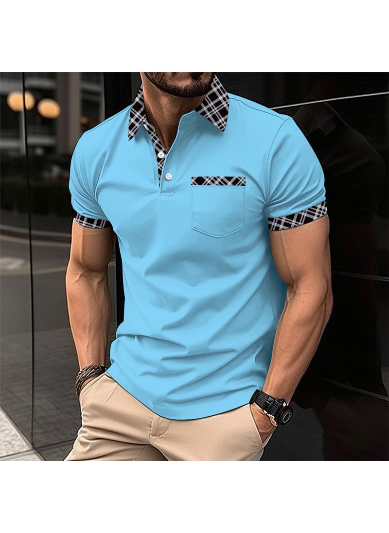 New Mens Casual Pocket Polo Shirt Sky Blue