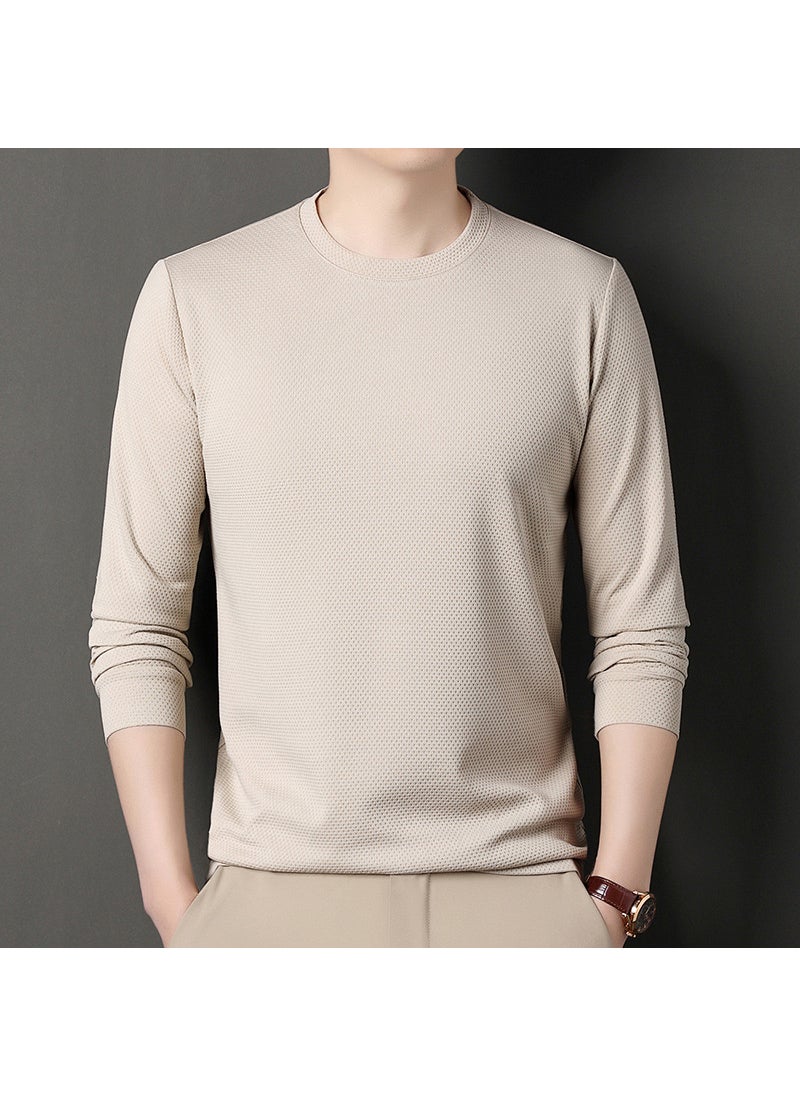 Mens Waffle Knit Long Sleeve Tee Autumn Casual Solid Crewneck Sweatshirt Beige