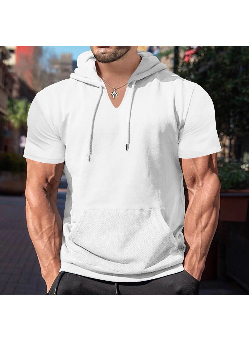 2024 Summer New Cross-border Mens Short-sleeved T-shirt European and American Hoodie Foreign Trade Casual Solid Color Fit Top for Men Coffee