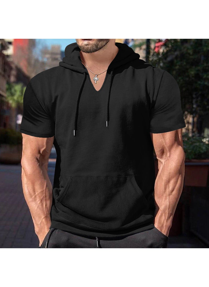 2024 Summer New Cross-border Mens Short-sleeved T-shirt European and American Hoodie Foreign Trade Casual Solid Color Fit Top for Men Coffee