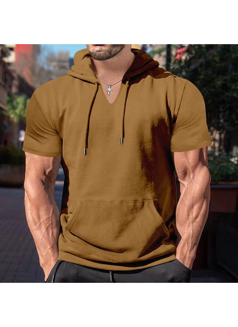 2024 Summer New Cross-border Mens Short-sleeved T-shirt European and American Hoodie Foreign Trade Casual Solid Color Fit Top for Men Coffee