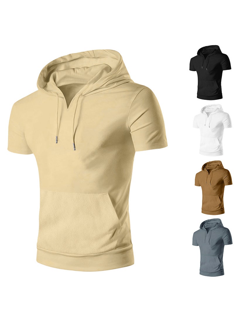 2024 Summer New Cross-border Mens Short-sleeved T-shirt European and American Hoodie Foreign Trade Casual Solid Color Fit Top for Men Coffee