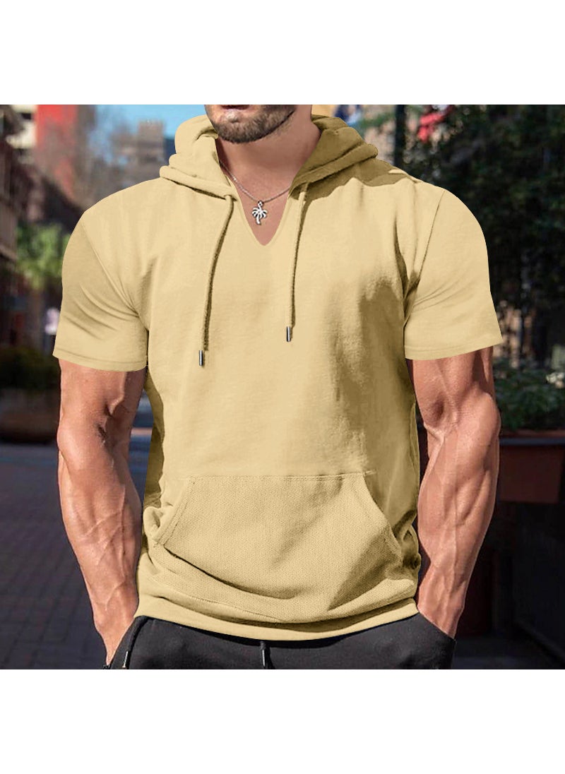 2024 Summer New Cross-border Mens Short-sleeved T-shirt European and American Hoodie Foreign Trade Casual Solid Color Fit Top for Men Coffee