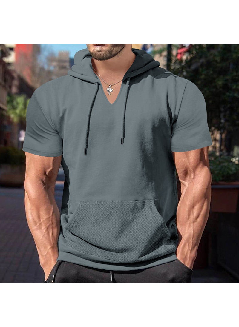 2024 Summer New Cross-border Mens Short-sleeved T-shirt European and American Hoodie Foreign Trade Casual Solid Color Fit Top for Men Coffee